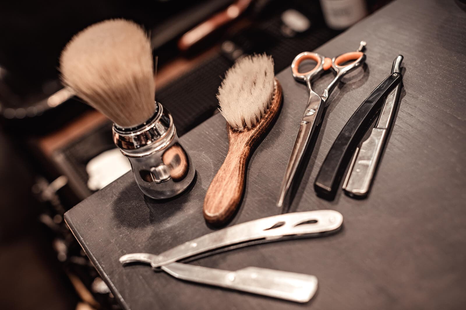 Barber tools: shaving brush, beard brush, scissors and straight razors